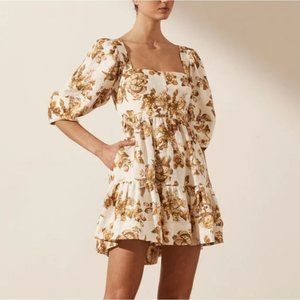 Shona Joy Bella Linen Mini Dress Puff Sleeve Open Back Ruffled Size 4